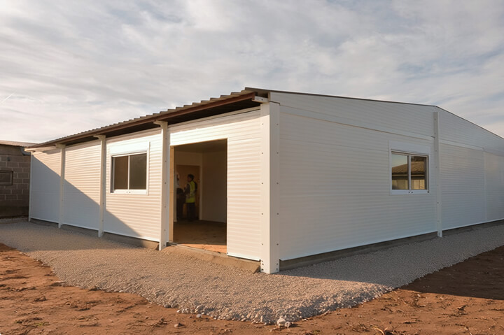 White metal modular building with sloped roof, gravel ground, and workers in safety vests inspecting the interior during construction.